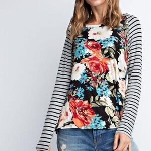 MON AMI Striped & Floral long sleeve top Size Small NWT